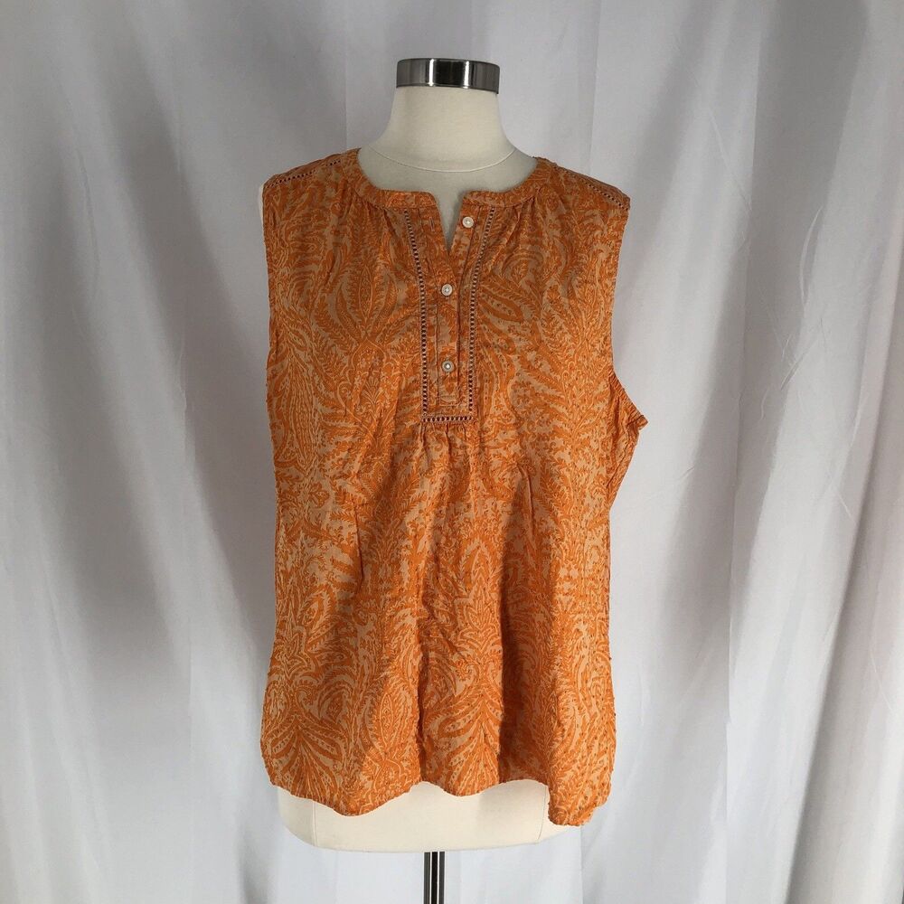 Loft Orange Rayon Paisley Sleeveless Blouse 1/4 Button Textured Front XL